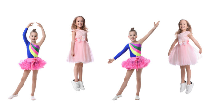 Cute little girls dancing and jumping on white background, set of photos