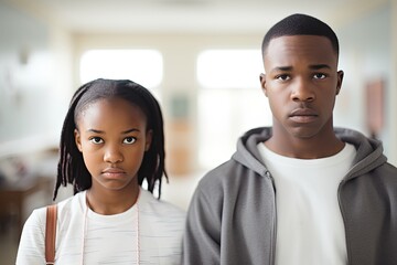 Teenage siblings, an African sister and brother, expressing upset emotions after a conflict at home. - obrazy, fototapety, plakaty