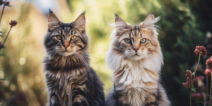 Lovely portrait of two fluffy Maine Coon cats, showcasing their adorable nature and beautiful fur.