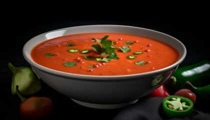 Fresh tomato soup, a healthy vegetarian meal with gourmet garnish generated by AI