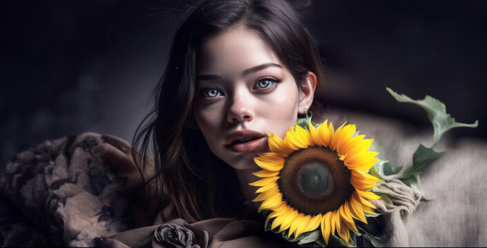 Fantasy, young beautiful girl with expressive lips, luxurious hair and bottomless eyes with a sunflower