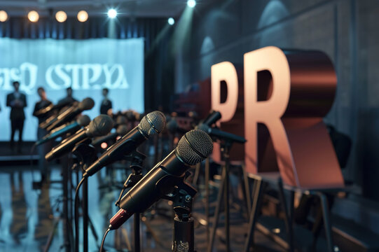 Public relations concept with 3D letters PR in a conference room, many microphones and journalists.