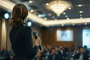 A woman in a suit speaks into a microphone and gives a lecture to a large audience. - obrazy, fototapety, plakaty