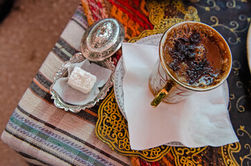 Golhisar black cumin coffee in Turkey. Traditional presentation.