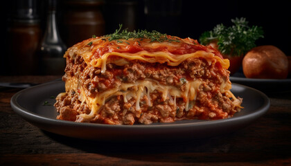 A savory plate of homemade lasagna, cooked with bolognese sauce generated by AI