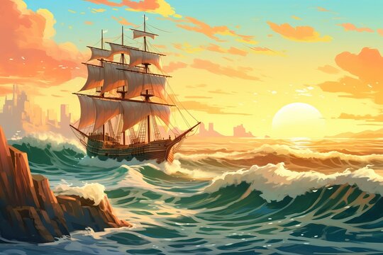illustration painting of ship in the sea at sunset