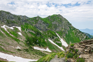 Obraz premium picturesque beautiful panorama view of the mountain gorge mountain ranges covered with greenery forests and snow against the background of the blue sky, Mountain flowers rhododendrons, hiking