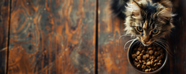 Cute Maine Coon cat with a bowl of food indoors