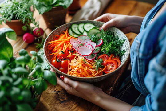 Hands Hold A Bowl With A Variety Of Colorful Chopped Vegetables. Healthy Raw Food With Nuts And Vegetables. View From Above.