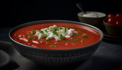 Fresh tomato soup, a gourmet vegetarian meal, served in a bowl generated by AI