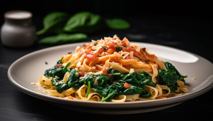 Freshly cooked gourmet pasta meal with healthy vegetables and homemade sauce generated by AI
