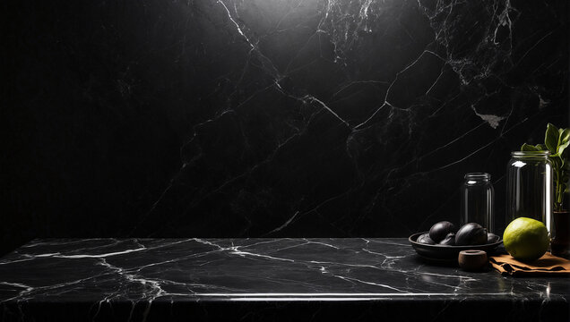 empty black marble table on black background, backdrop with copy space