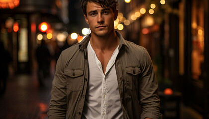Confident man in casual clothing, looking at camera, night city generated by AI