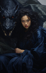 Beautiful brunette girl with a black dragon, AI
