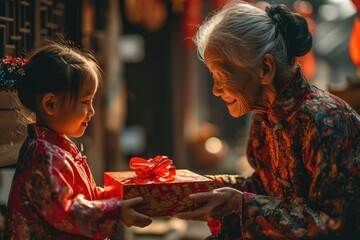 Asian grandmother giving red gift box to her grandkid for chinese new year celebration - obrazy, fototapety, plakaty
