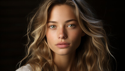 Naklejka premium Beautiful young woman with long blond hair looking at camera generated by AI