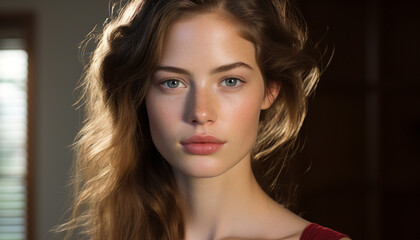 Fototapeta premium Beautiful woman with long brown hair looking at camera confidently generated by AI