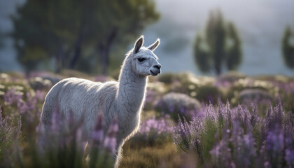 Fototapeta premium Cute alpaca grazing on green grass in beautiful rural landscape generated by AI