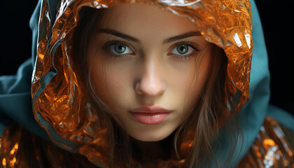 Young woman with brown hair looking at camera, smiling outdoors generated by AI