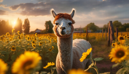 Cute alpaca grazing on green meadow, enjoying the beautiful sunset generated by AI