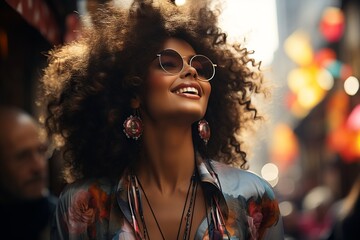 Cheerful black woman in trendy sunglasses on street - obrazy, fototapety, plakaty