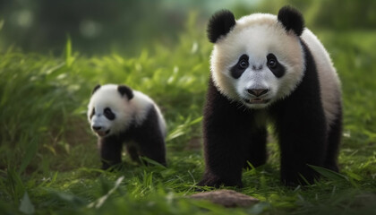 Obraz premium Cute giant panda cub eating bamboo in the wild outdoors generated by AI