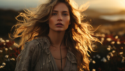 Fototapeta premium Young woman enjoying the sunset, carefree and smiling generated by AI