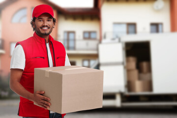 Happy courier with parcel outdoors, space for text