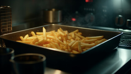 Freshly cooked French fries on a metal plate, indoors, close up generated by AI