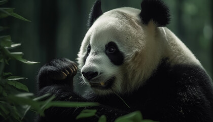 Cute panda and lemur sitting in the forest, eating bamboo generated by AI
