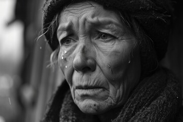 sad aged ukrainian woman on bombed out house background,