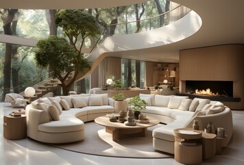 Spacious Living Room with High Ceilings and Natural Elements