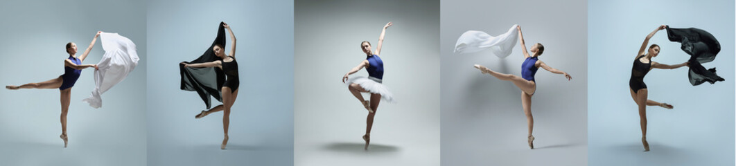 Ballerina practicing dance moves on color backgrounds, set of photos