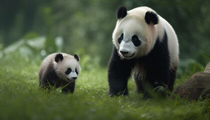 Obraz premium Cute panda cub eating bamboo in the wild forest generated by AI
