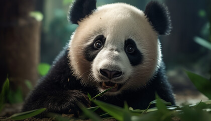 Obraz premium Cute panda in nature, an endangered species, sitting in forest generated by AI