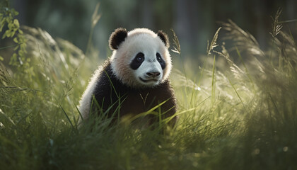 Cute panda sitting in grass, looking at camera, eating bamboo generated by AI