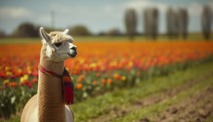 Fototapeta premium Cute alpaca grazing in green meadow, surrounded by beautiful flowers generated by AI