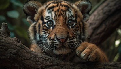 Tiger cub staring, wild beauty in nature, striped fur, close up generated by AI