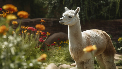 Cute alpaca grazing on green meadow, fluffy fur, smiling portrait generated by AI