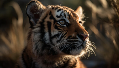 Fototapeta premium Majestic tiger, wildcat staring, danger in nature, beauty in wildlife generated by AI