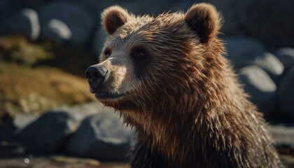 Obraz premium Majestic grizzly bear in the wild, looking at camera, strong generated by AI