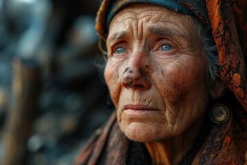 sad aged ukrainian woman on bombed out house background, - obrazy, fototapety, plakaty