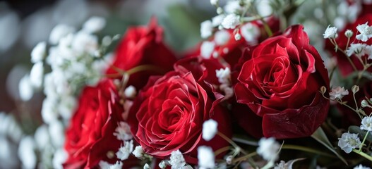 Vibrant red roses bouquet with delicate white flowers. Floral arrangement and beauty. - Powered by Adobe
