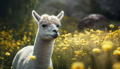 Obraz premium Cute alpaca grazing in green meadow, looking at camera generated by AI