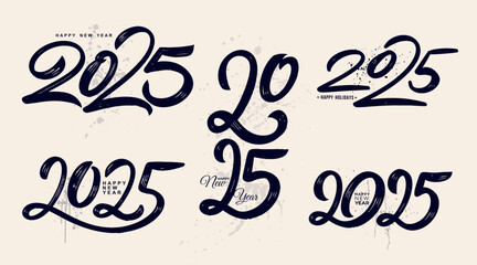 Set of Happy New Year 2025 lettering brush stroke logos. Vector with black numbers 2025 symbols. New Year holiday Christmas logos template. Collection of 2025 Happy New Year. Social media post.
