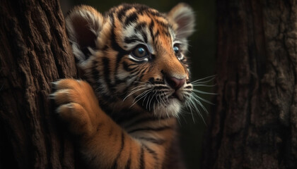 A cute Bengal tiger cub staring, focusing on its beauty generated by AI