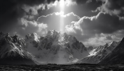 Majestic mountain peak, snowcapped and tranquil, under moody overcast sky generated by AI - obrazy, fototapety, plakaty