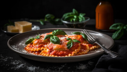 Fresh pasta with tomato sauce, mozzarella, and Parmesan cheese on plate generated by AI