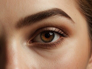 Closeup macro of human brown female eye. Woman face with beauty makeup, perfect skin