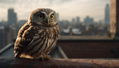 Eagle owl perching on skyscraper, staring at cityscape at night generated by AI